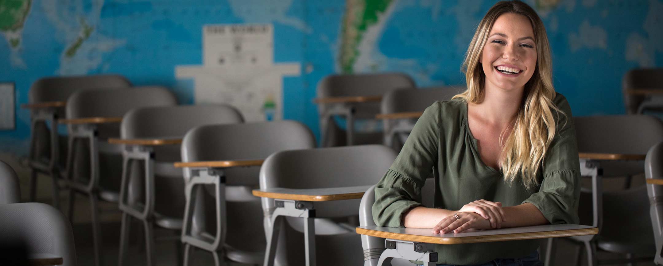 A secondary education student at PennWest sitting in a classroom. 