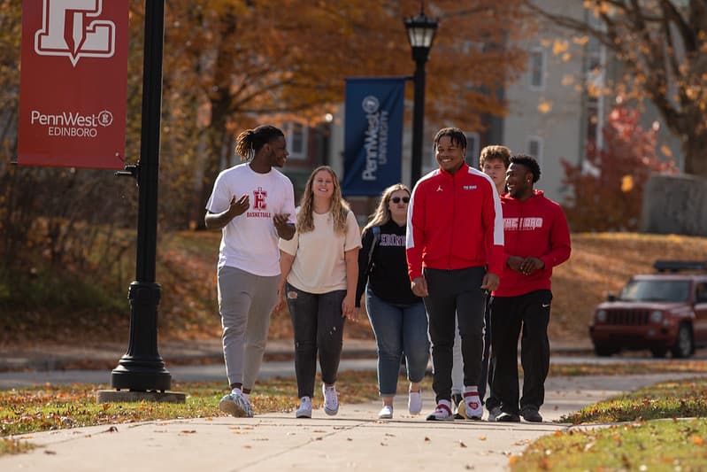 PennWest Edinboro students walking through campus. 