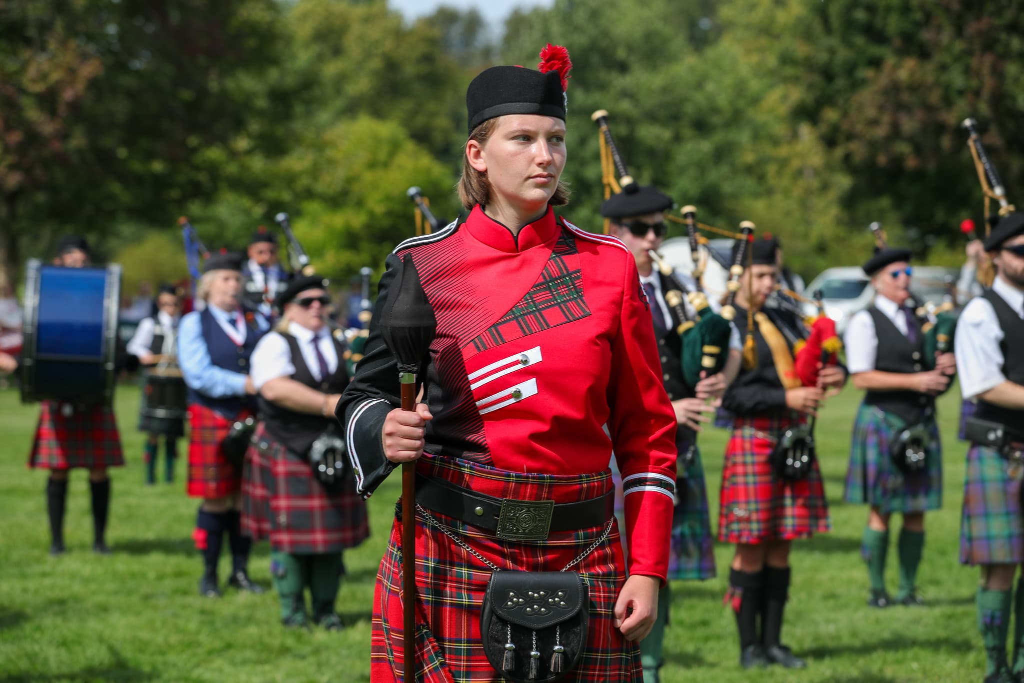 A student with bagpipe band at PennWest Edinboro. 