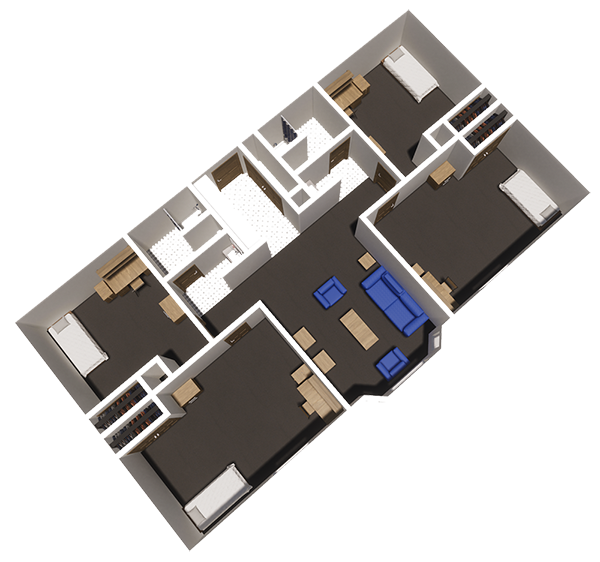 Floor plan for four single bedrooms and two baths