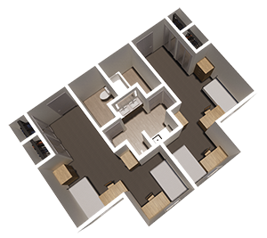 2 Double Bedroom Semi-Suite – 1 Bath Room Layout