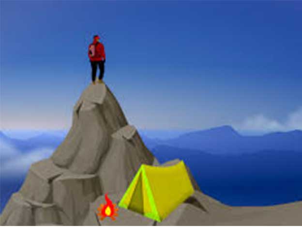 A person camping on a mountain ridge