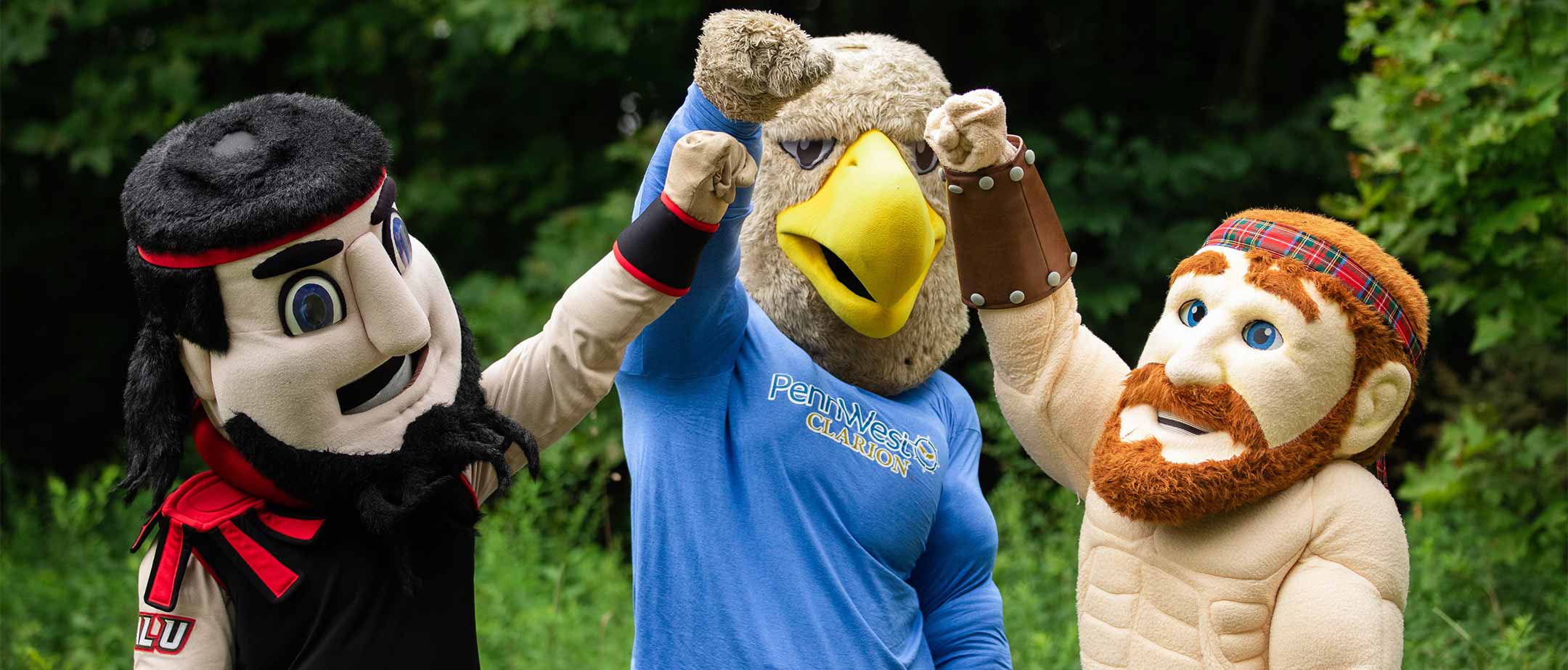 All three mascots raising their fists